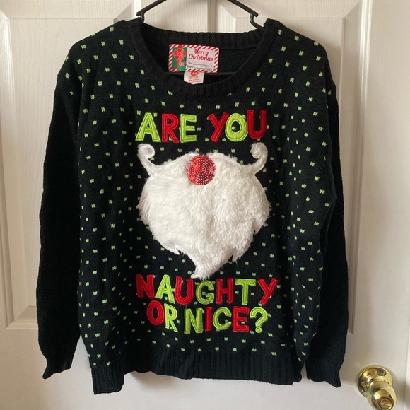Merry Christmas Ugly Holiday Sweater Are You Naughty Or Nice Gnome Beard Size M - Picture 5 of 5